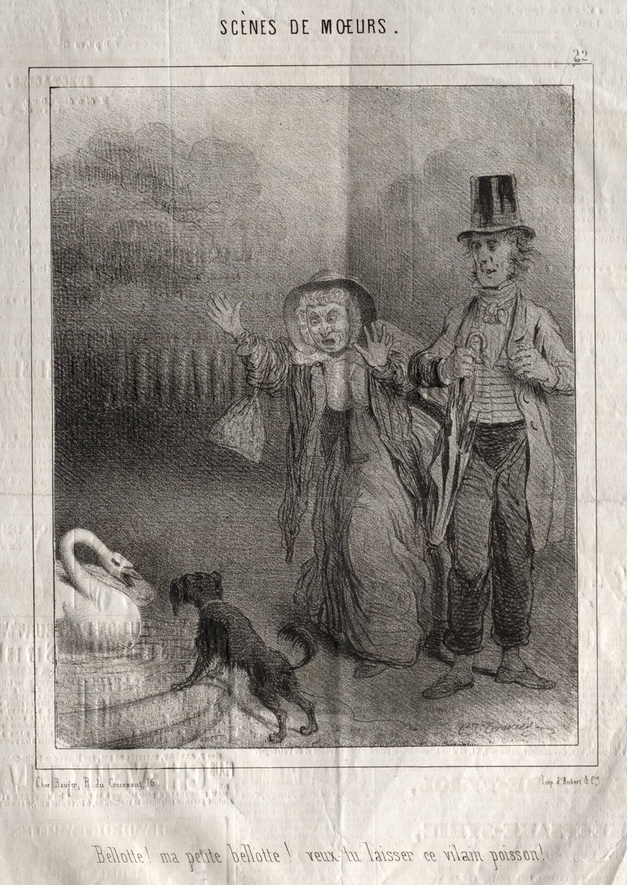 Scener med oppførsel: Bellotte! min lille Bellote! vil du forlate den stygge fisken! av Charles Joseph Traviès de Villers
