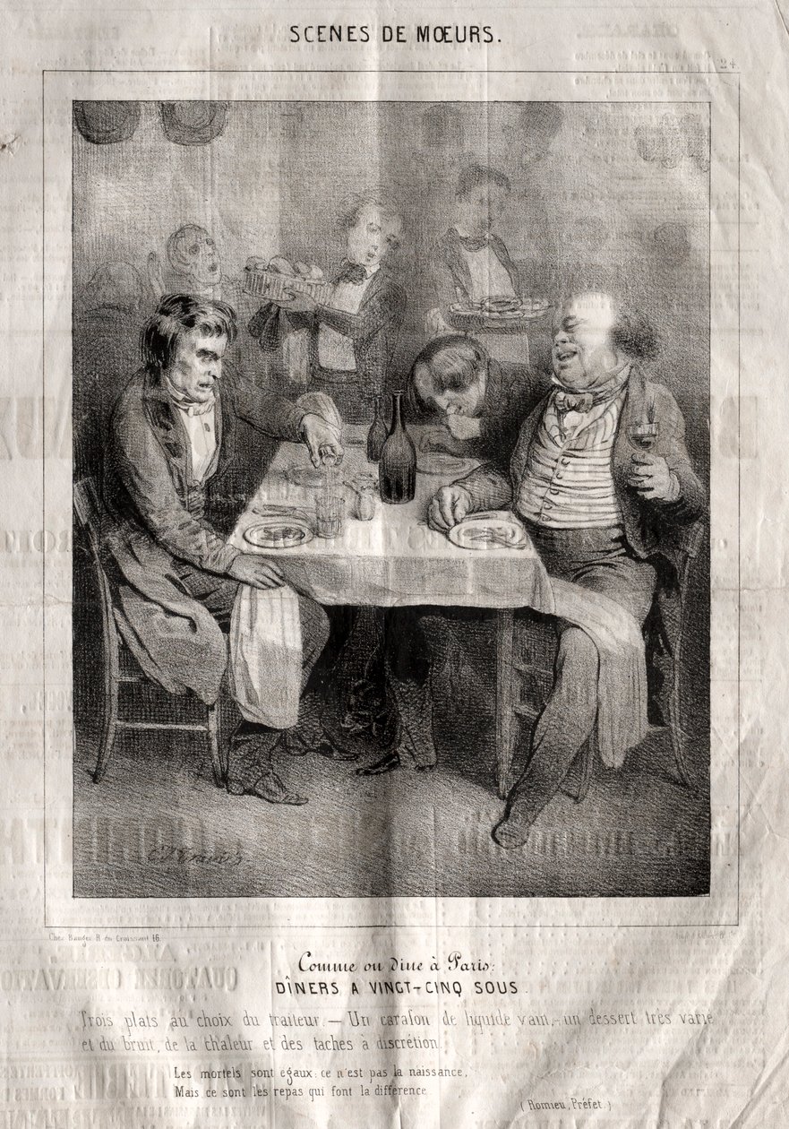 Scener med oppførsel: Lik eller spis middag i Paris. Diners på tjuefem sous. Tre retter valgt av catereren av Charles Joseph Traviès de Villers