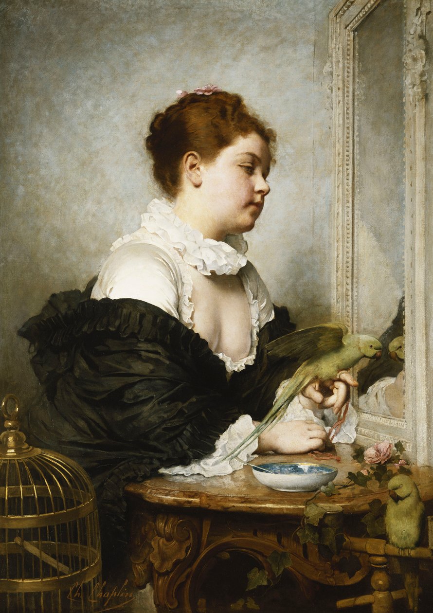 En ung jente med parakitter, av Charles Joshua Chaplin