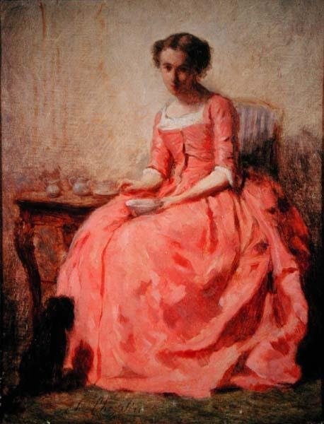Jente i en rosa kjole ved et bord (olje på lerret) av Charles Joshua Chaplin