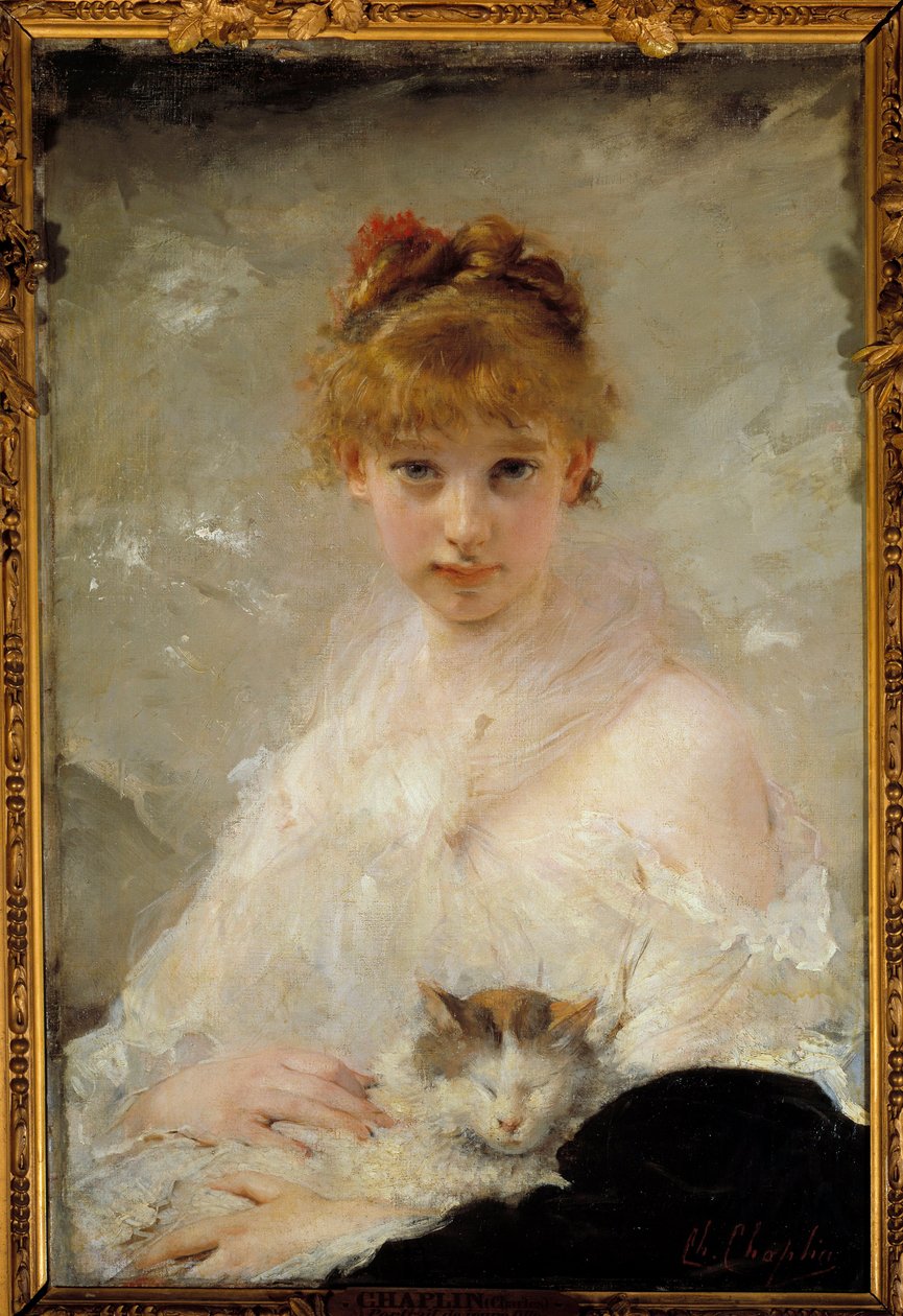 Ung jente med katt-maleri av Charles Chaplin (1825-1891) Compiegne fra 1800-tallet, National Museum of the Castle av Charles Joshua Chaplin