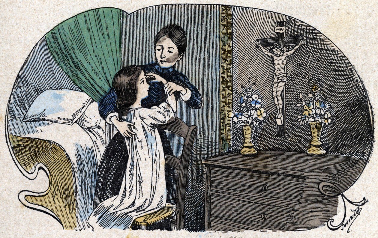 Korsets tegn. i "" All religiøs eiendom - jeg tror på guder"", sd., illustrasjon fra slutten av 1800-tallet av Jouvenot. Katekismes bibliotek. Paris. Leemage samling av Charles Jouvenot