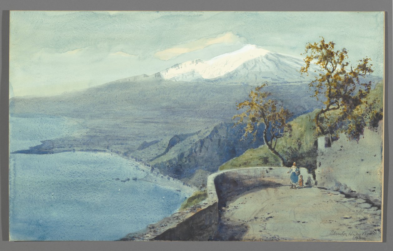 Utsikt over Etna fra Taormina, Sicilia, 1925 (wc på papir montert på papp) av Charles King Wood