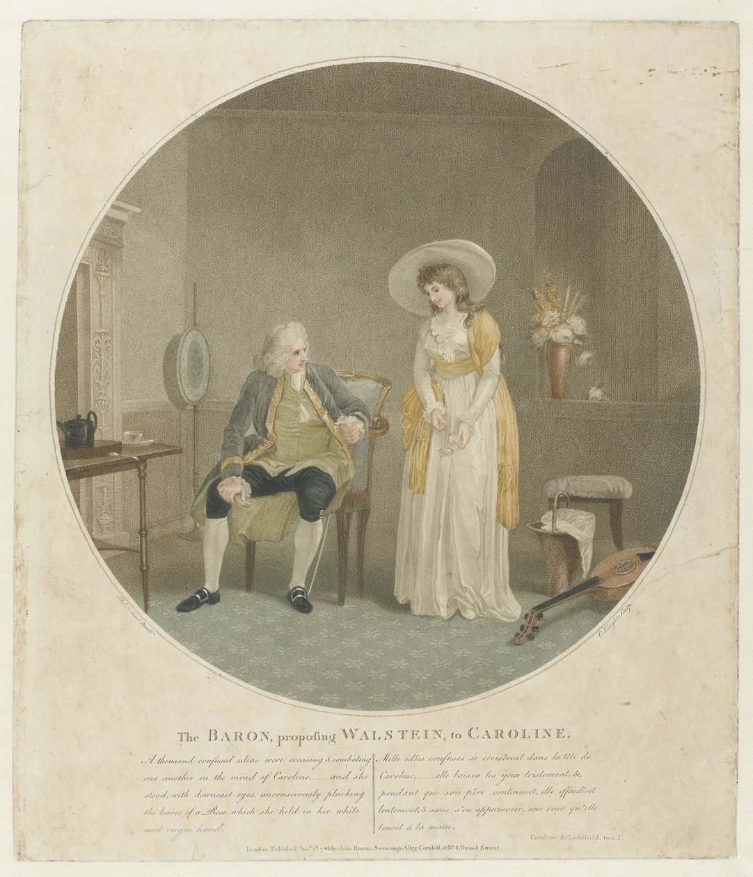 Kvinne med en hvit rose og en mann på en stol Baronen, som frier Walstein, til Caroline (tittel på objekt) av Charles Knight
