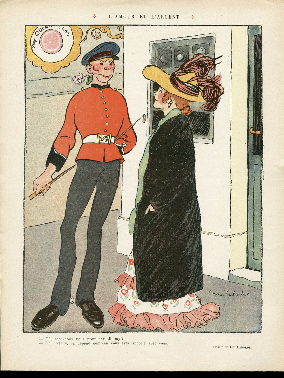 Illustrasjon av Chas-Laborde (1886-1941) i Le Lire, 27.07.12 - Kjærlighet og penger - England Storbritannia, Kjærlighet, Mote, Hatt av Charles Laborde