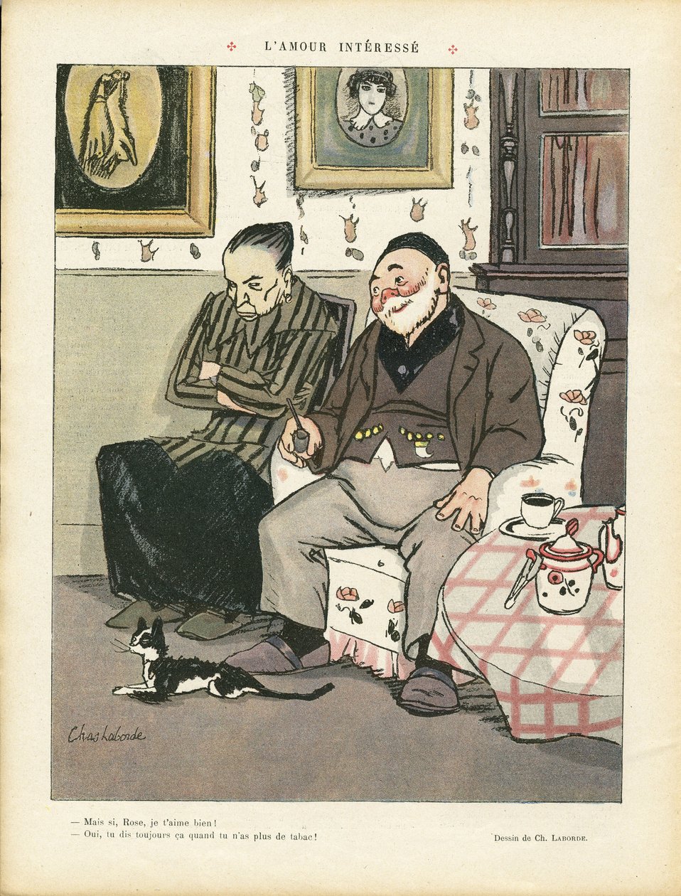 Illustrasjon av Chas-Laborde (1886-1941) i Le Rire, 05/04/13 - Interessert kjærlighet - Kjærlighet, Røyking, Interiørarkitektur, Gastronomi kokk, Tredje alder, Tobakk - Katt av Charles Laborde
