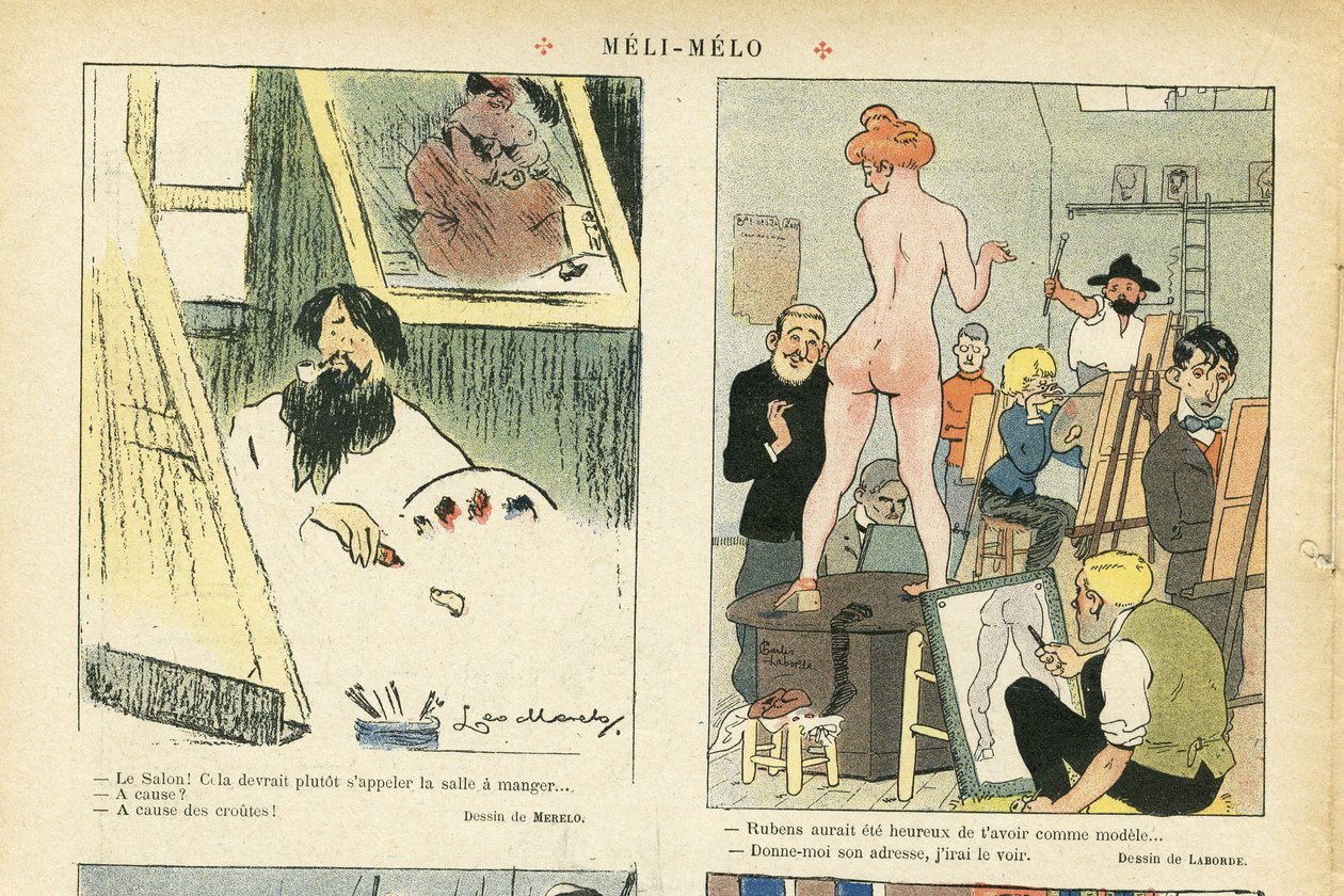 Illustrasjon av Chas-Laborde (1886-1941) i Le Rire, 21/03/08 - Meli-Melo - kunst, undervisning, naken - modell (som poserer) av Charles Laborde