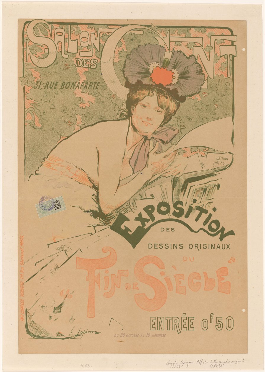 Plakat for en utstilling av Salon des Cent Salon des Cent Utstilling av originaltegninger fra slutten av århundret (tittel på objekt) av Charles Lapierre