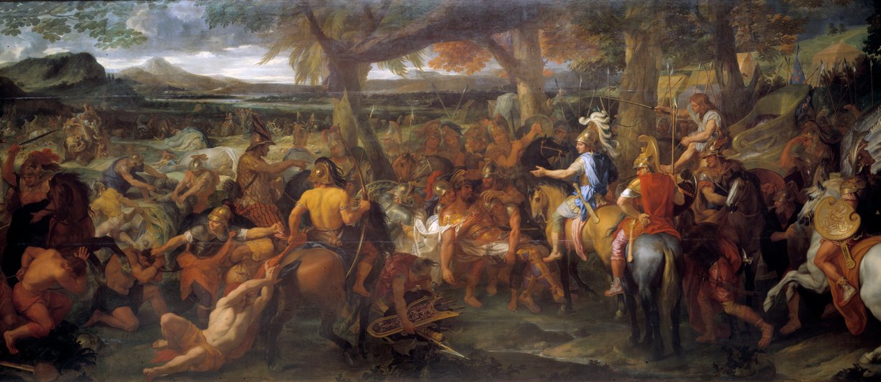 Alexander og Porus. I 327 f.Kr. fortsatte Alexander den store sin erobring mot Indusdalen. I 326 f.Kr. beseiret han Puru (eller Poros, kongen av Paurava-stammen på 400-tallet f.Kr.) og hans hær av krigselefanter i slaget ved Hydaspe. Maler av av Charles Le Brun