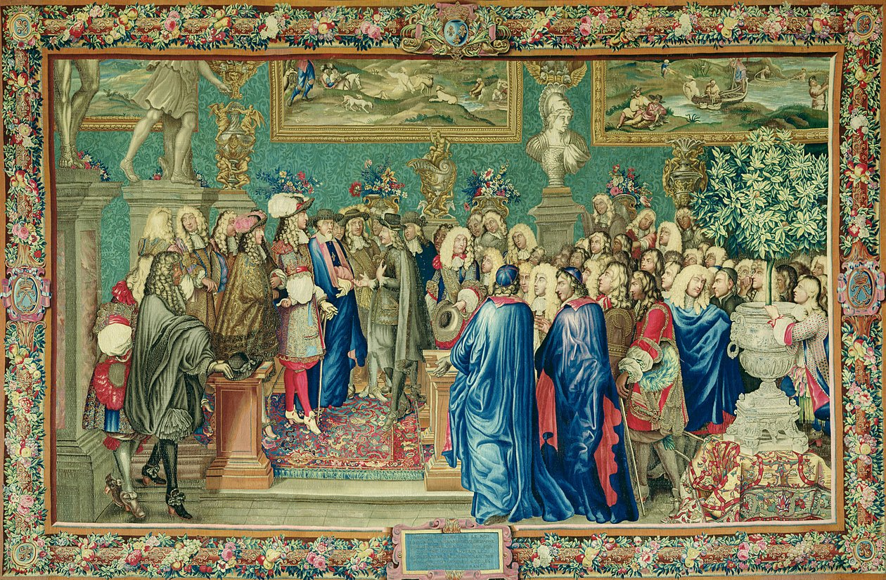 Publikum gitt av Louis XIV (1638-1715) til greven av Fuentes, kongelig ambassadør for Filip IV av Spania, ved Louvre, 24. mars 1662, Gobelins verksted (teppe) av Charles Le Brun