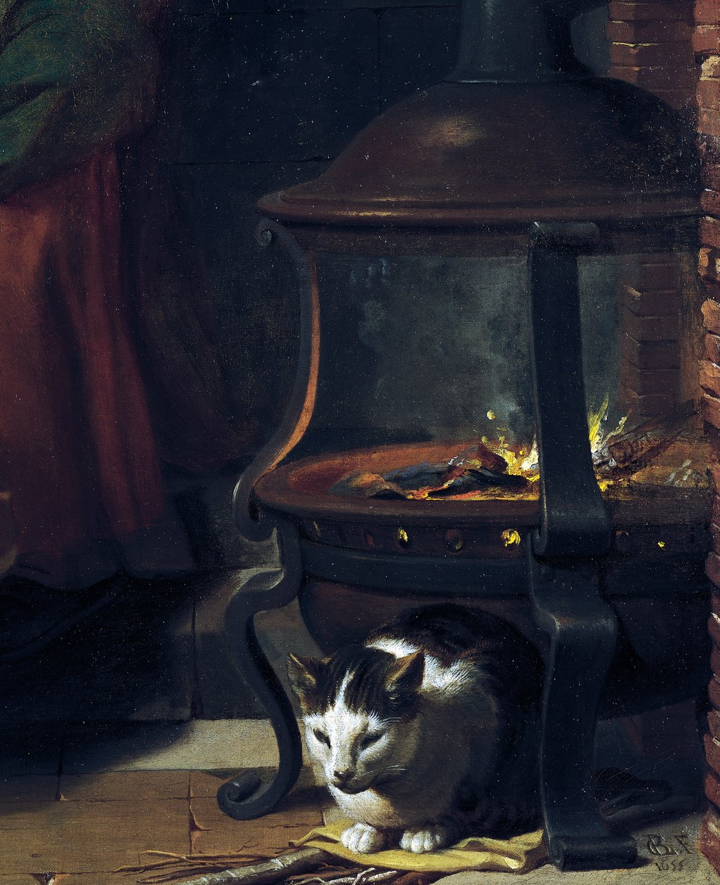 Katt under brennende brazier, detalj fra Infant Jesus Sleeping, maleri av Charles Le Brun (1619-1690), olje på lerret, 87x118 cm, Frankrike av Charles Le Brun