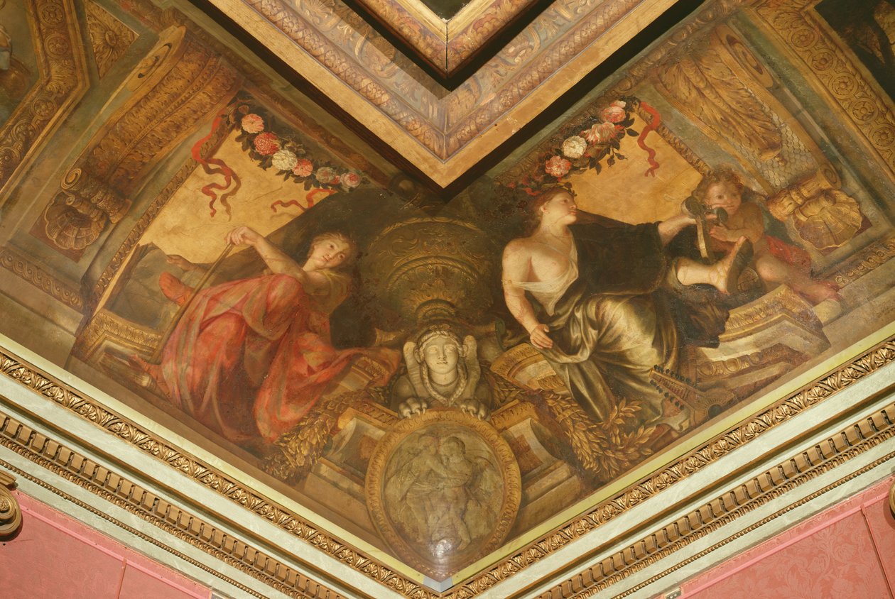 Tak av Hôtel La Rivière detalj av Erato og Terpsichore, 1653 olje på lerret av Charles Le Brun
