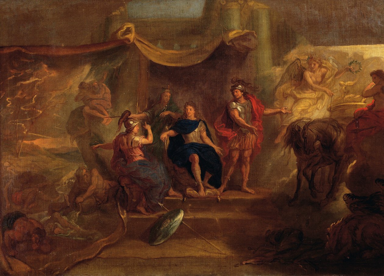 Beslutning om å føre krig mot nederlandsk, takmaleri fra Galerie des Glaces i Versailles av Charles Le Brun