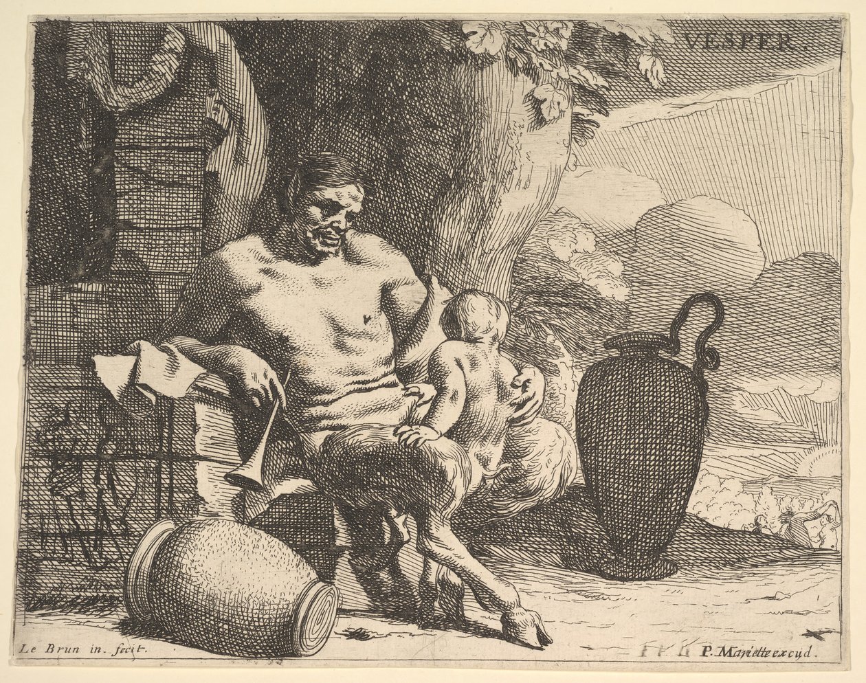 Kveld: en sittende satyr spenner barnet sitt, en figur henger en krans på en brygge bortenfor, f..., ca. 1640. av Charles Le Brun