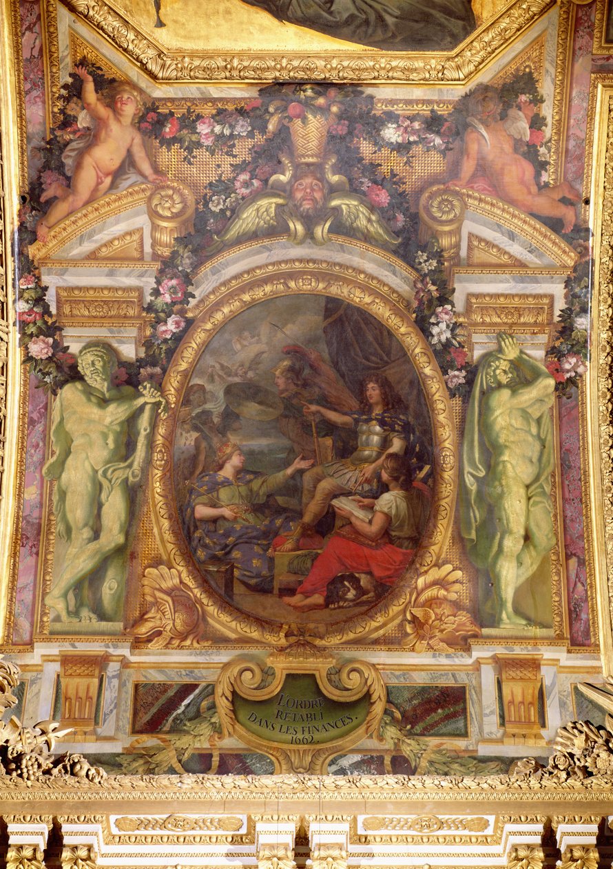 Finansiell orden gjenvunnet i 1662, takmaleri fra Galerie des Glaces av Charles Le Brun