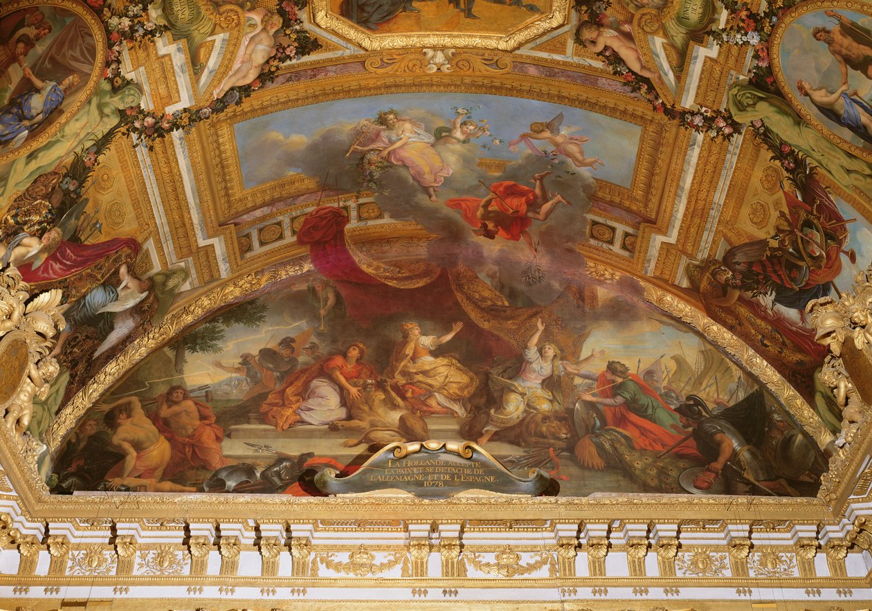Holland aksepterer fred og løsner seg fra Det hellige romerske rike og fra Spania i 1678, takmaleri fra Galerie des Glaces av Charles Le Brun