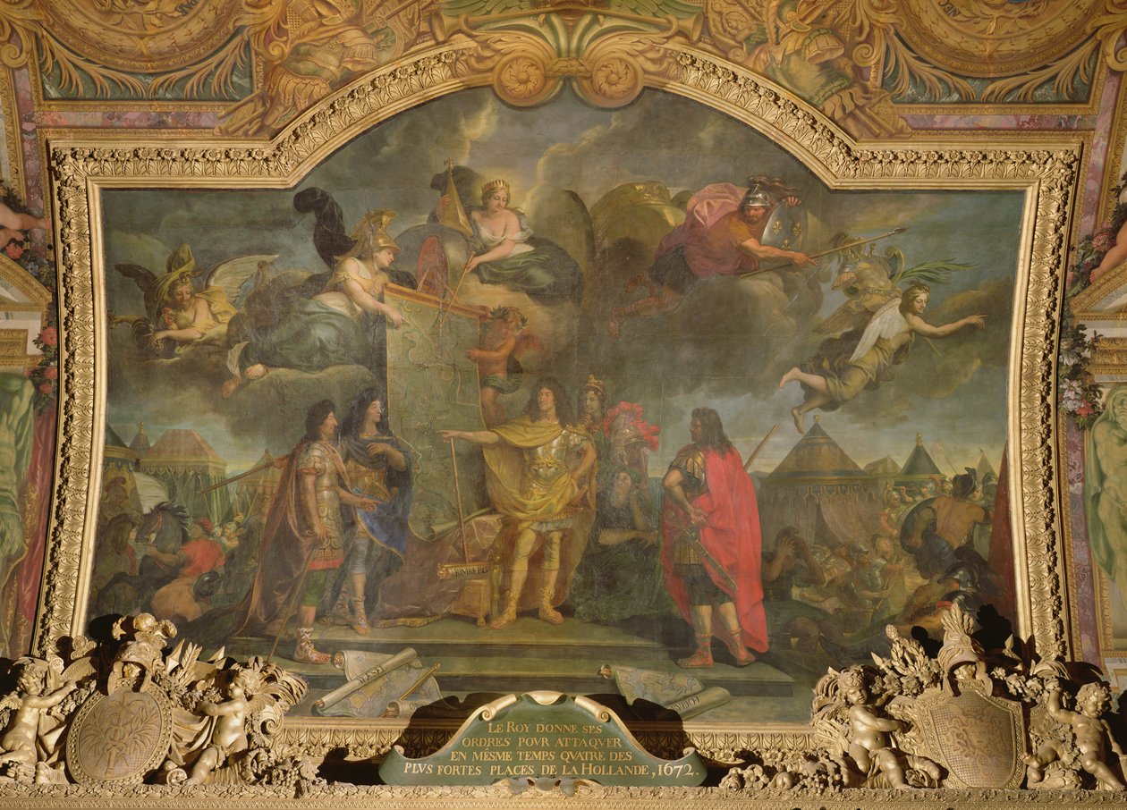 Kong Ludvig XIV (1638-1715) gir ordre om å samtidig angripe fire av de sterkeste nederlandske stillingene i 1672, takmaleri fra Galerie des Glaces av Charles Le Brun