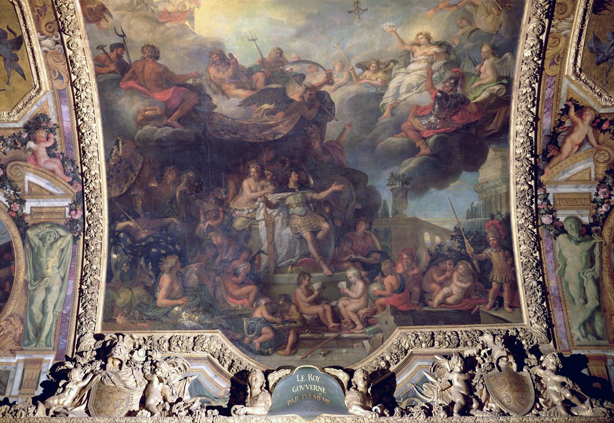 Kong Ludvig XIV (1638-1715) Regjerte alene i 1661, takmaleri fra Galerie des Glaces av Charles Le Brun