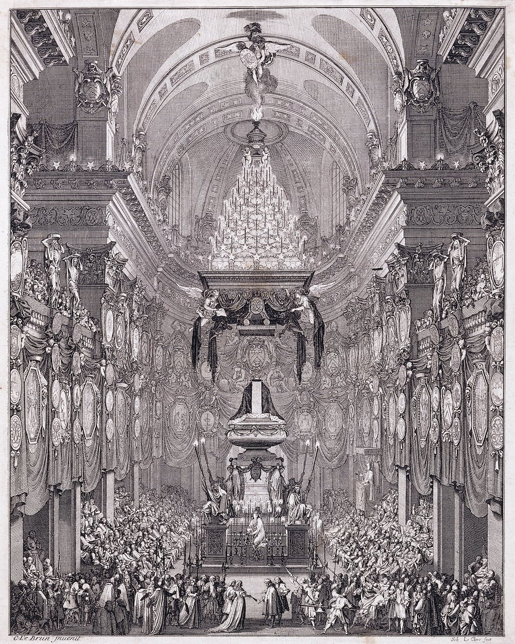 Mausoleet til Oratoire du Louvre, Rue Saint-Honore, til minne om den franske statsmannen Pierre Seguier, mai 1672, ca. 1770-1780 (gravering) av Charles Le Brun