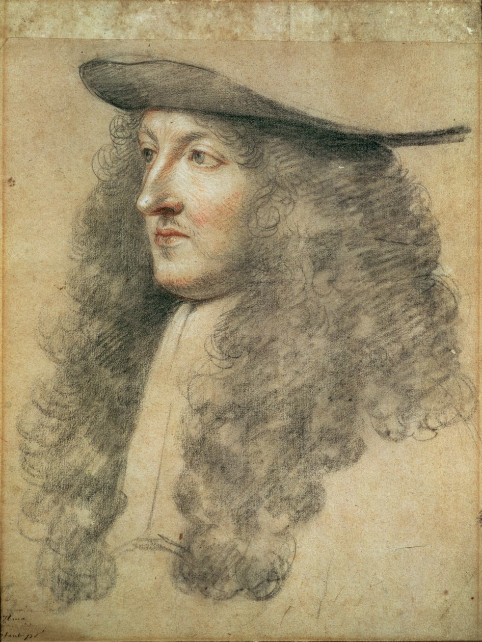 Portretthode av kong Ludvig XIV, ca. 1663 (svart, rødt og hvitt kritt på papir) av Charles Le Brun