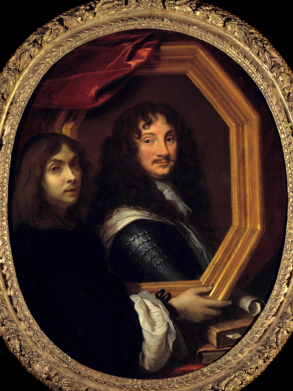 Portrett av kunstneren (eller selvportrettet) som presenterer et militærmaleri av Charles Lebrun (Le Brun) (1619-1690) 1600-tallets søn. 1,04x0,85 m - Portrett av kunstneren (eller selvportrettet) som holder portrettet av et militær. Maleri av Charles Lebr av Charles Le Brun