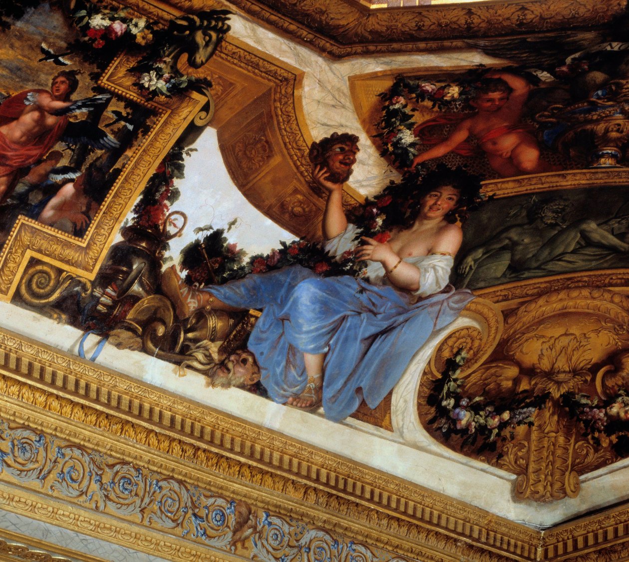 Thalie, en av musene, skytshelgen for komedie og pastoral poesi Detalj av maleriene til Salon des Muses av Charles Lebrun (Le Brun) (1619-1690) Chateau de Vaux Le Visomte fra 1600-tallet (Vaux-Le-Vicomte), Seine et Marne. av Charles Le Brun