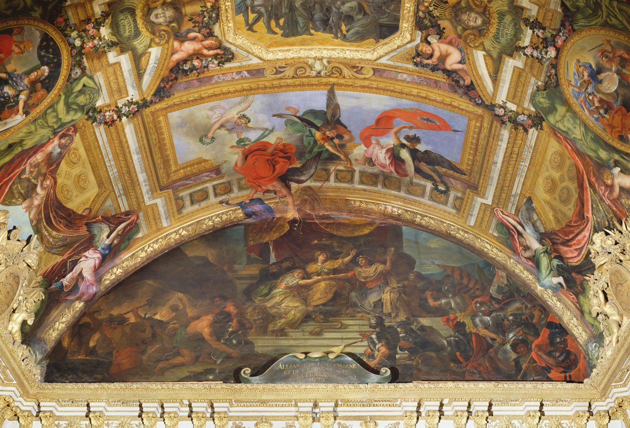 Alliansen mellom Tyskland og Spania med Holland, 1672, takmaleri fra Galerie des Glaces av Charles Le Brun