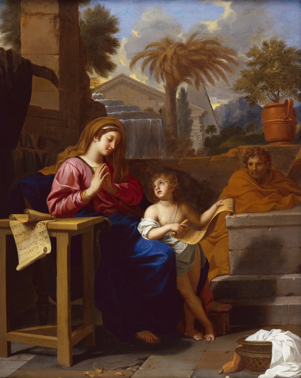 Den hellige familie i Egypt med spedbarnet Kristus som leser et hebraisk skrift (olje på lerret) av Charles Le Brun