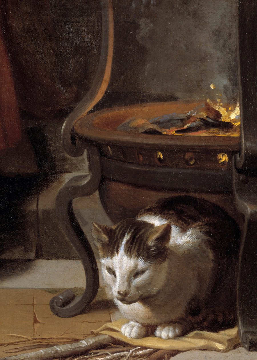 The Sleep of the Child Jesus Detalj som viser en katt som sover under ovnen. Maleri av Charles Lebrun (Le Brun) (1619-1690) 1655 Søn. 0,87x1,18 m av Charles Le Brun