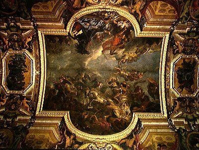 Utsikt over kongen som tok Maastricht i tretten dager i 1673 og passasjen på Rhinen i fiendenes nærvær i 1672, takmaleri fra Galerie des Glaces av Charles Le Brun