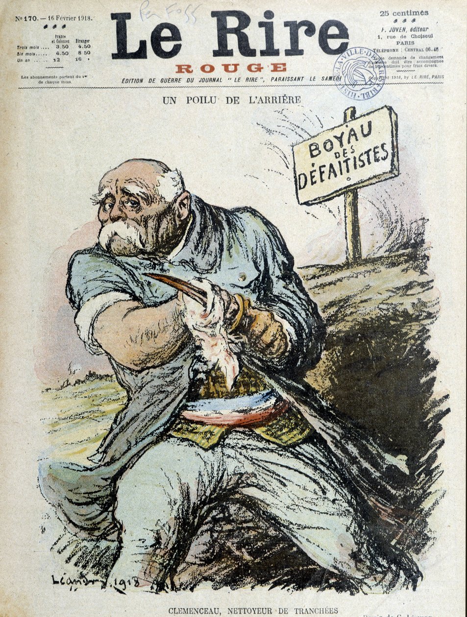 En hårete bakdel: Clemenceau, grøfterens. Omslag "" Latteren"" fra 16.02.1918 av Charles Leandre