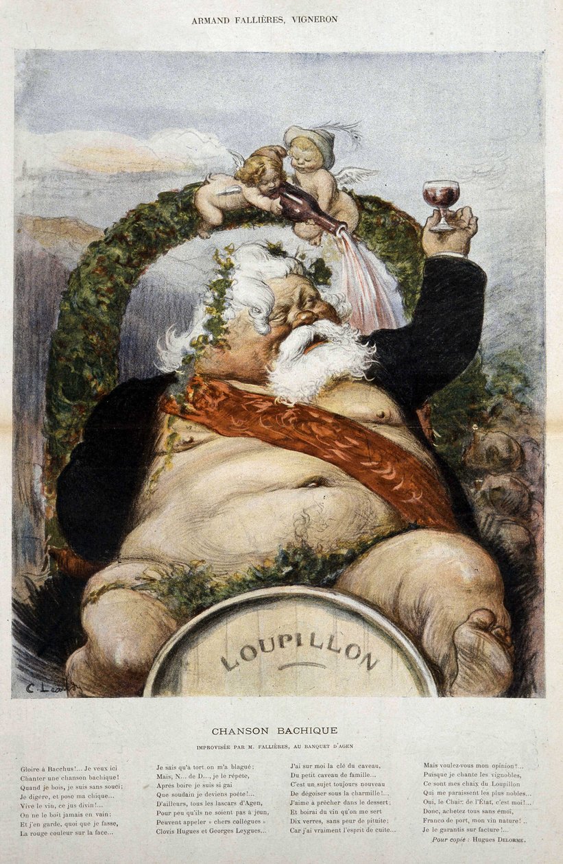 Armand Fallières, vinmaker: karikatur av Fallières en Bacchus (Bacco) - i "" le Laughter "" fra oktober 1906 av Charles Leandre