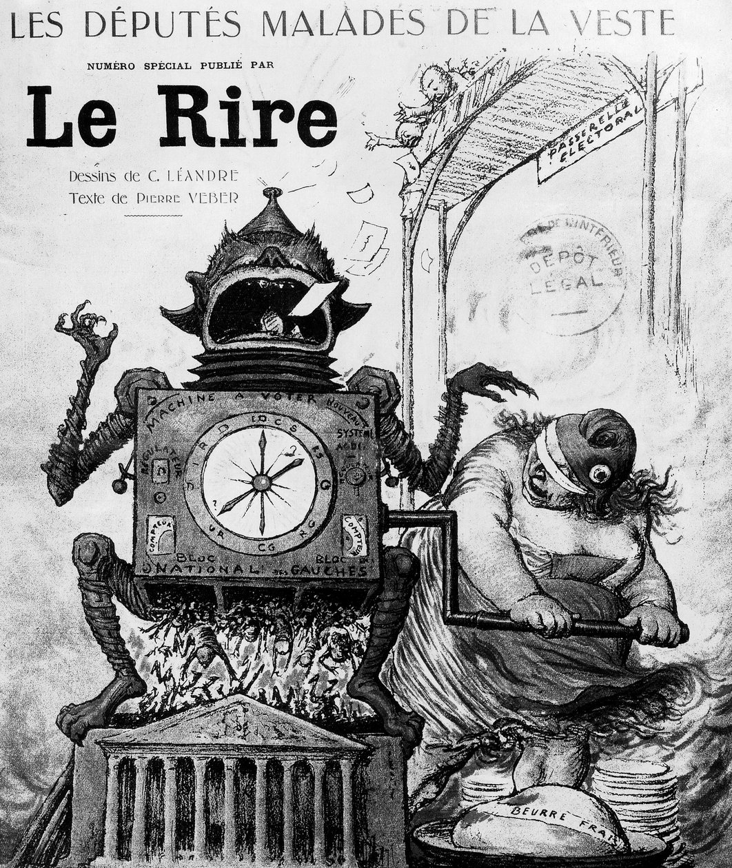 Tegneserie av Charles Leandre om stortingsvalget i 1924, publisert i papiret Le Rire 19. januar av Charles Leandre