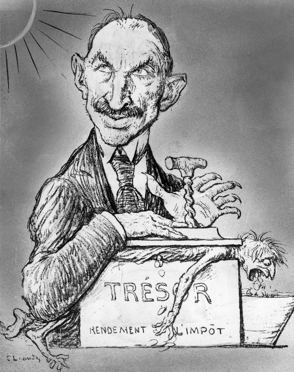 Tegneserie av Charles Leandre av den franske finansministeren Charles de Lasteyrie publisert i papiret Le Rire 26. november av Charles Leandre