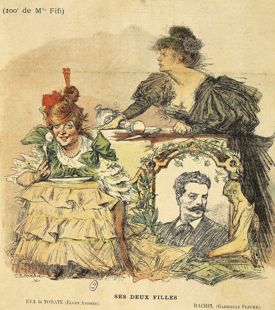 Tegneserie for de to hundredelene av Mademoiselle Fifi, fra romanen av Guy de Maupassant (1850-1893) (illustrasjon) av Charles Leandre