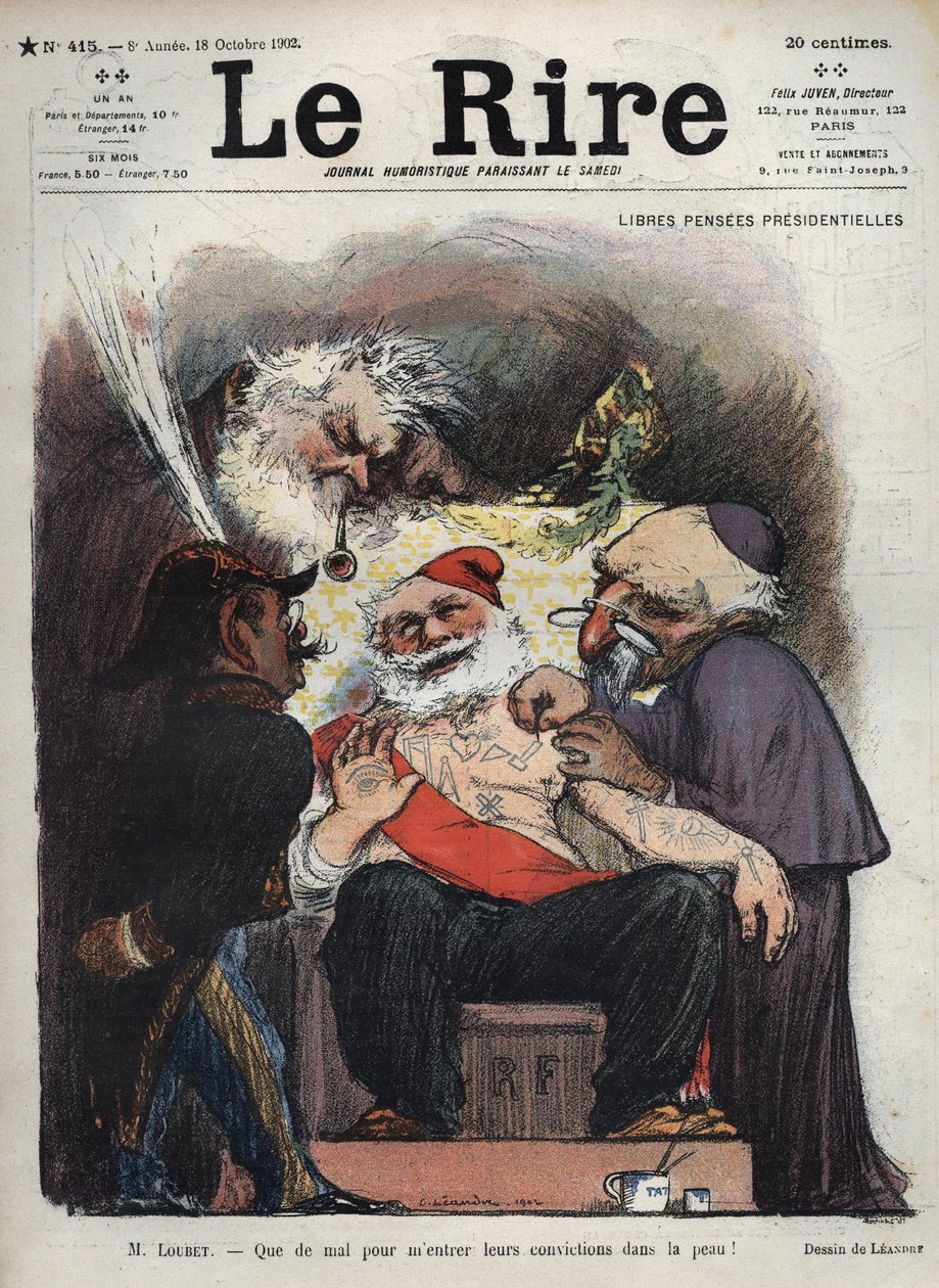Emile Loubet - Gratis presidentpensjon - Mr Loubet - Det er vanskelig å få deres overbevisning inn i huden min! - (Charles Leandre (1862-1934) håner staten, kirken og hæren ved sengen til president LOUBET, dekket med makoniske og andre tegn) karisk av Charles Leandre