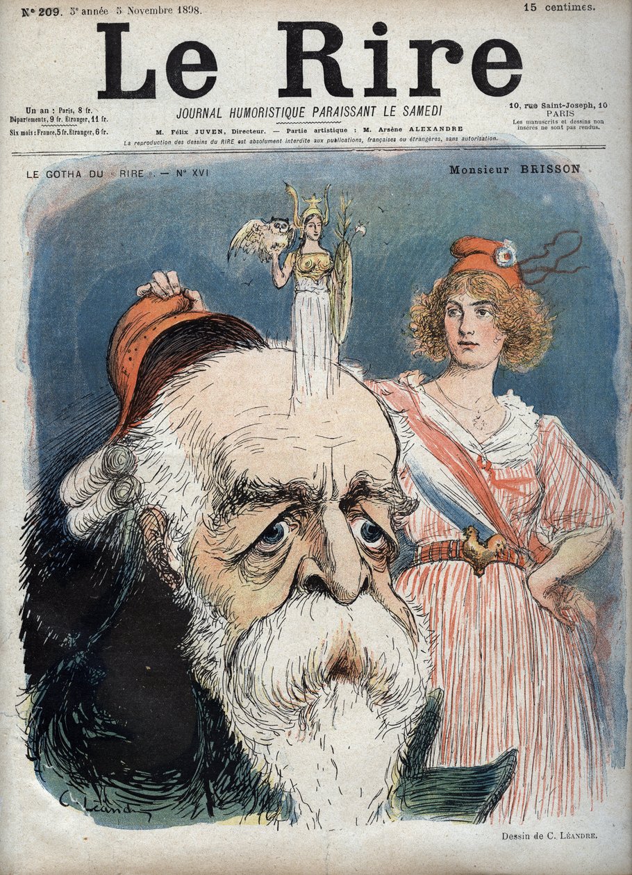Eugene Henri Brisson (1835-1912), fransk advokat, journalist og politiker - Marianne løfter en rød lue fra Bressons hode og fra hodet ser det ut til å reise seg gudinnen Athena med alle attributter - karikatur av Charles Leandre (1862-1934) i "" Le Rire””” av Charles Leandre