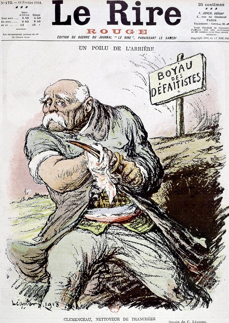 Georges Clemenceau (1841-1929) fransk politiker, tegneserie av Leandre som viser ham som renholderen av skyttergravene, publisert i papiret "Le Rire" 16. februar 1918 av Charles Leandre