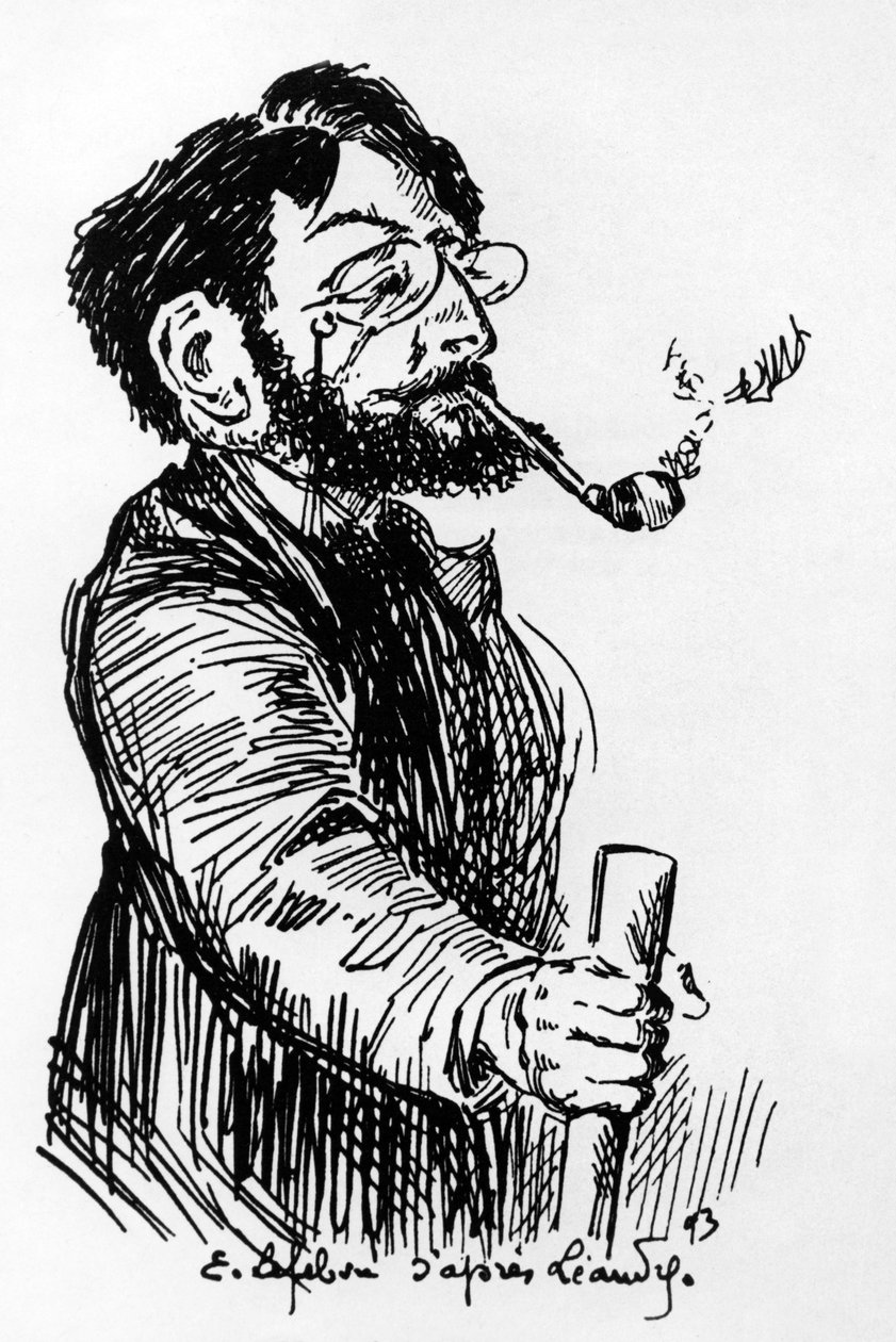 Henri Riviere (1864-1951) fransk kunstner og designer (skyggespill på Cabaret Le Chat Noir), tegning av E. Lefebvre etter Leandre av Charles Leandre