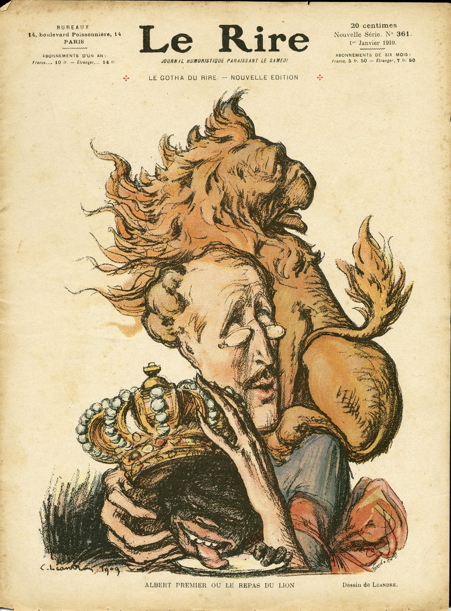 Illustrasjon av Charles Leandre (1862-1934) i Le Rire, 01/01/10 - Belgia - Lion/Tiger, Albert 1er (Belgia) av Charles Leandre