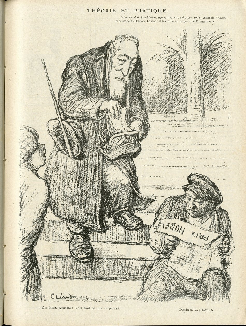 Illustrasjon av Charles Leandre (1862-1934) i Le Rire, 31/12/21 - Teori og praksis - Nobelpris - Lenine, Frankrike Anatole av Charles Leandre