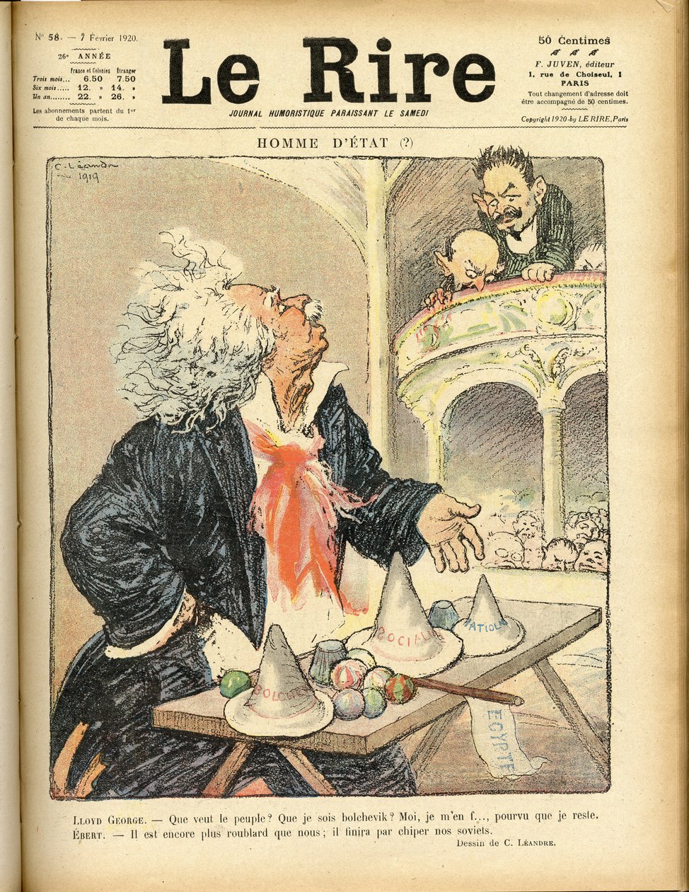 Illustrasjon for omslaget til Le Rire, 07/02/1920 - Statsmann - David Lloyd George og Ebert Friedrich (1871-1925) av Charles Leandre