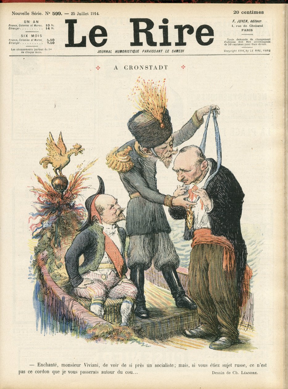 Illustrasjon av Charles Leandre (1862-1934) for omslaget til Le Lire, 25/07/14 - “” Fortryllende Monsieur Viviani å se en sosialist så nært, men hvis du var et russisk undersåtter, er det ikke den tråden jeg ville gi videre til deg." - A crondstadt - Russl av Charles Leandre
