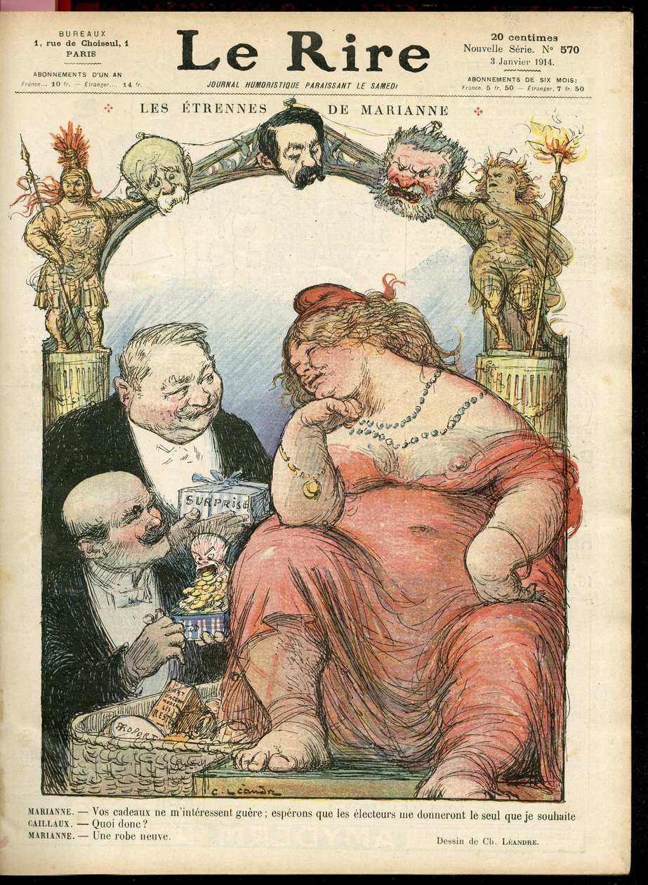 Illustrasjon av Charles Leandre (1862-1934) for omslaget til Le Rire, 03/01/14 - Les strennes de Marianne - Tribun - Clemenceau George, Jaures Jean, Briand Aristide, Marianne, Caillaux Joseph (1863-1944) av Charles Leandre