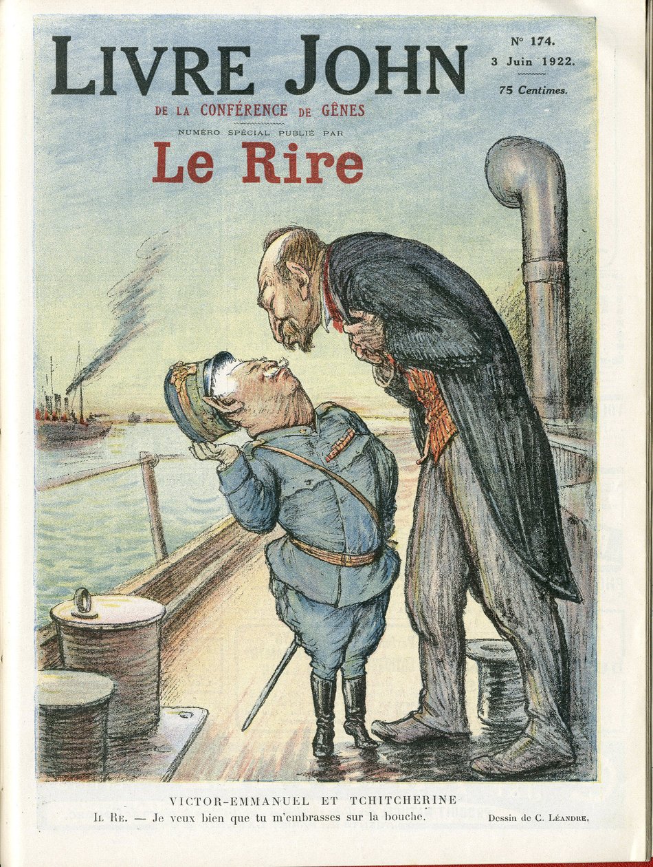 Illustrasjon av Charles Leandre (1862-1934) for omslaget til Le Rire, 03/06/22 - Italia, USSR - Victor Emmanuel 1er, Gueorgui Titcherine (1872-1936) av Charles Leandre