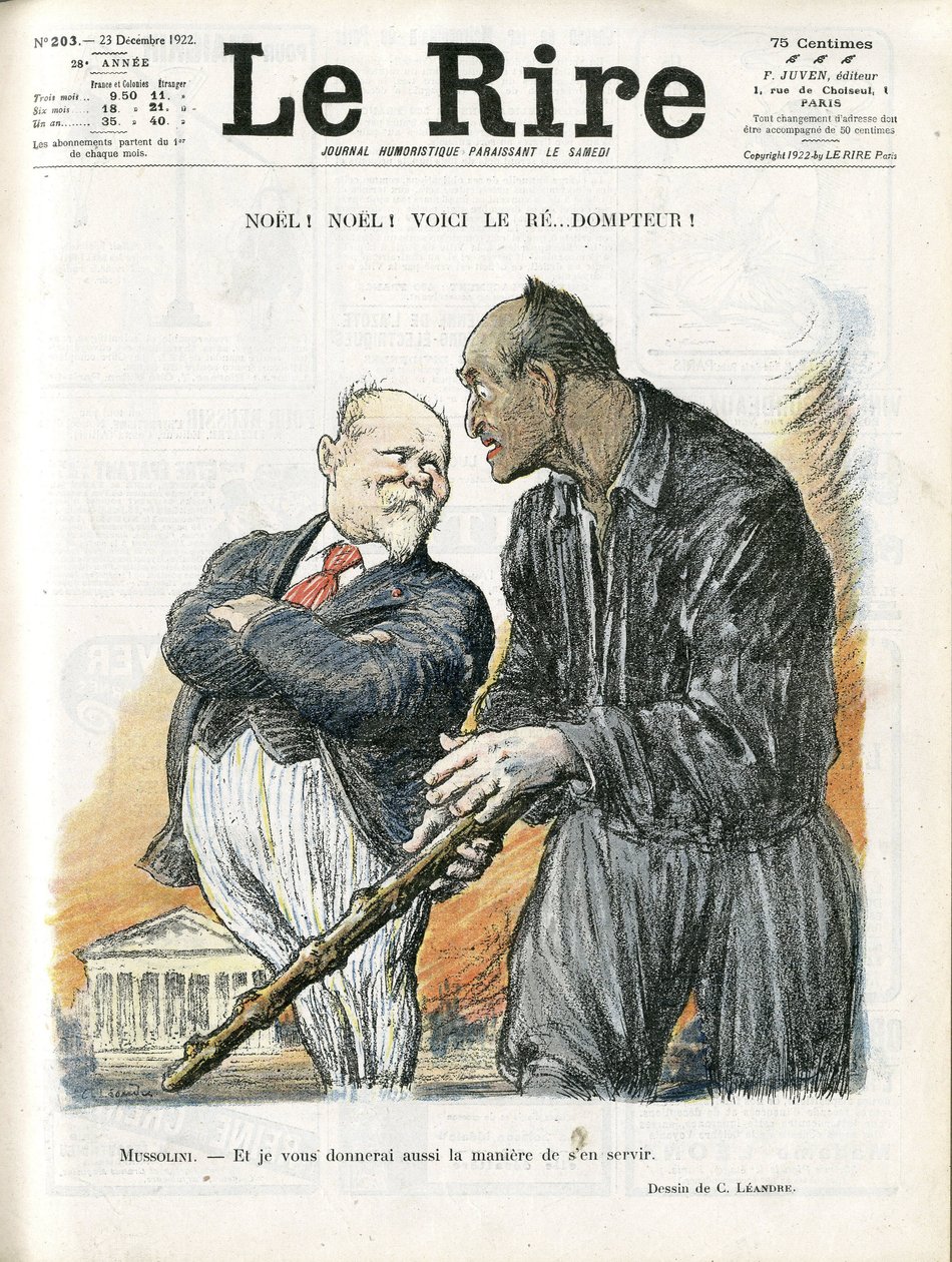 Illustrasjon av Charles Leandre (1862-1934) for omslaget til Le Rire, 23/12/22 - Noel Noel - Republikkens president - Poincare Raymond, Mussolini Benito, Tamer av Charles Leandre