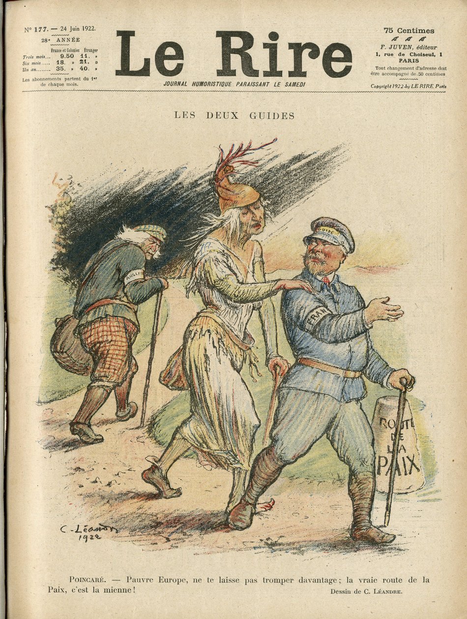 Illustrasjon av Charles Leandre (1862-1934) for omslaget til Le Rire, 24/06/22 - De to guidene - England Storbritannia, Europa, republikkens president, Peace, Chapeau - Poinsare Raymond, David Lloyd George (1863- 1945) av Charles Leandre