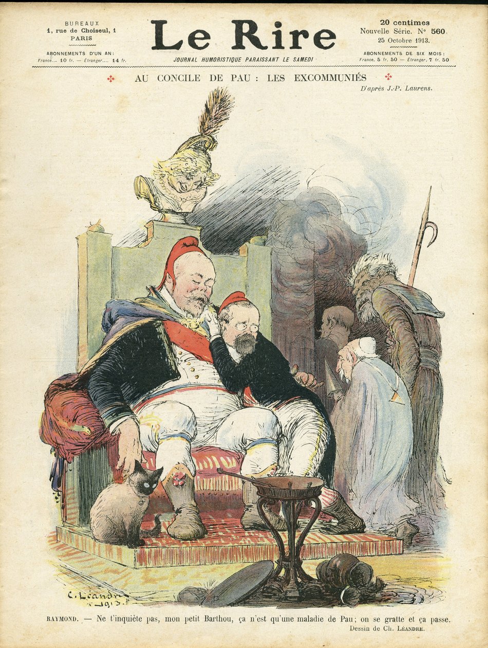 Illustrasjon av Charles Leandre (1862-1934) for omslaget til Le Rire, 25/10/13 - På rådet i Pau: ekskommunene - Religion Tro, republikkens president, Chapeau, Lenestol (symbol på makt) - Combes Emile (1835-1921), Marianne, Poincare Raymond, av Charles Leandre