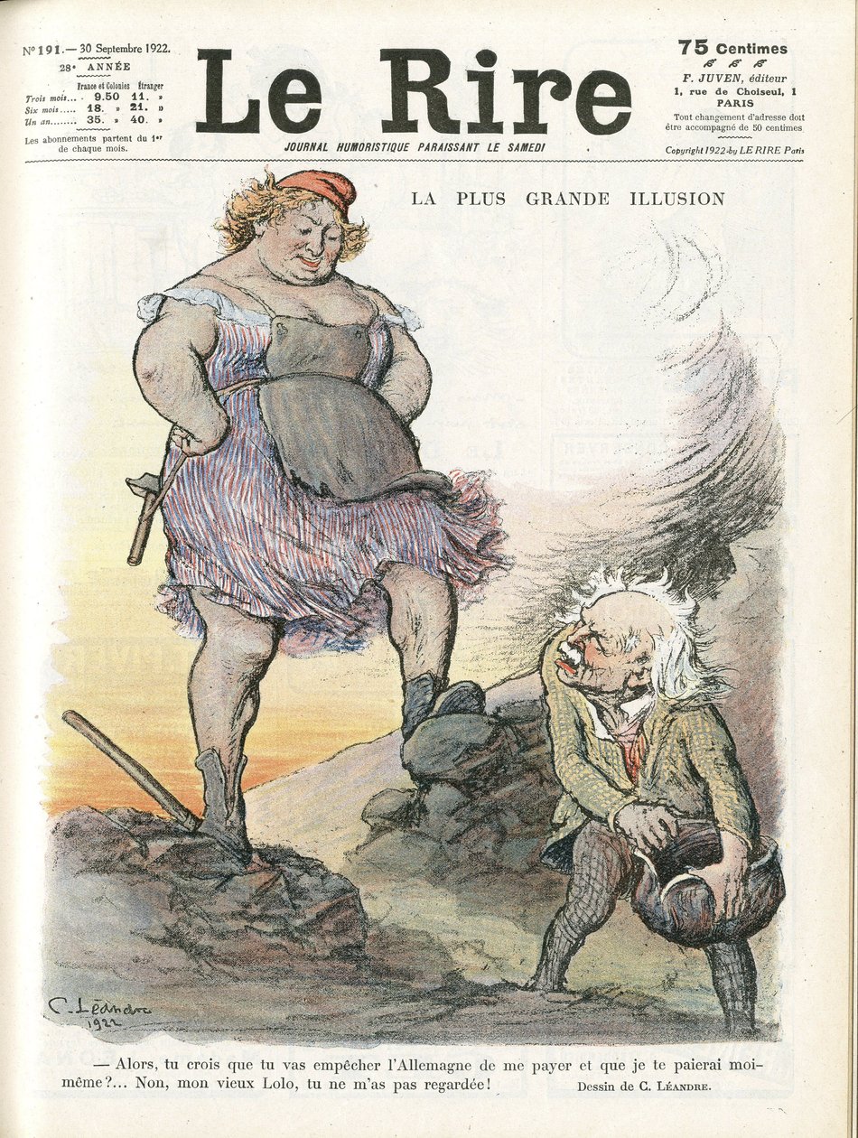 Illustrasjon av Charles Leandre (1862-1934) for omslaget til Le Rire, 30/09/22 - Den største illusjonen - Tyskland Preussen, England Storbritannia, Reparasjoner - Marianne, David Lloyd George (1863-1945) - Trivialitt av Charles Leandre