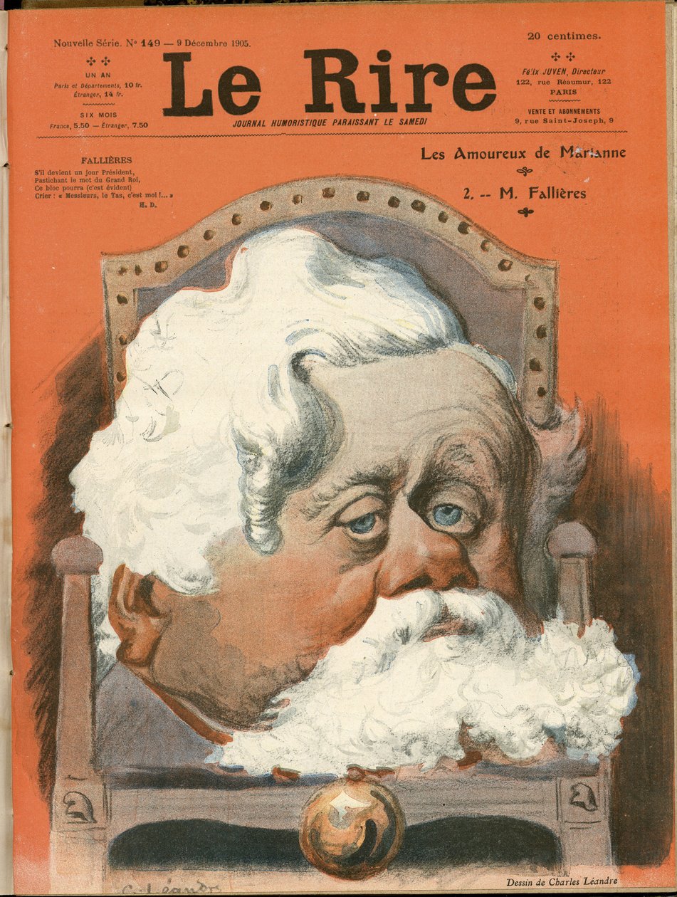 Illustrasjon av Charles Leandre (1862-1934) for omslaget til Le Rire, nr. 149, 09/12/05 - Republikkens president, lenestol (symbol på makt) - Fallieres Armand (1841-1931) av Charles Leandre